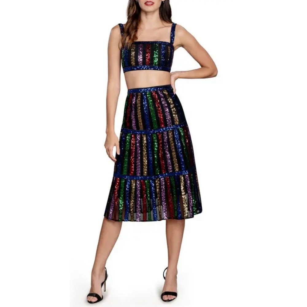 Dress the Population Diaz Sequin Two Piece Set XXS NWT Maxi Skirt Crop Top